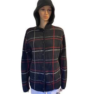 Vintage Cherokee Women S Black Plaid Wool Hooded Button Up Cardigan Japan Made
